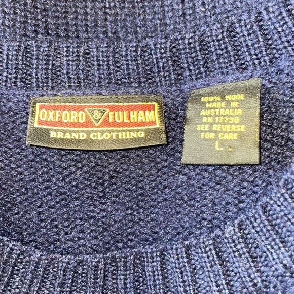 Oxford Fulham Men’s Large Navy Wool Crew Neck Sweater - Picture 2 of 4